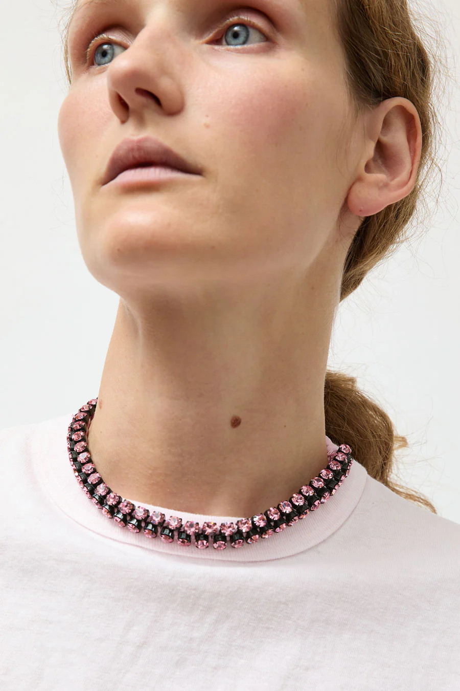 Alyssa Norton Double Row Silk Wrapped Rhinestone Necklace in Pink
