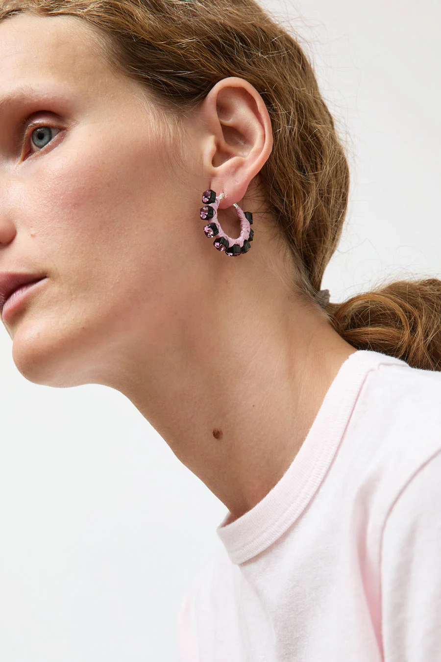 Alyssa Norton Small Silk Wrapped Rhinestone Hoops in Pink - Image 3