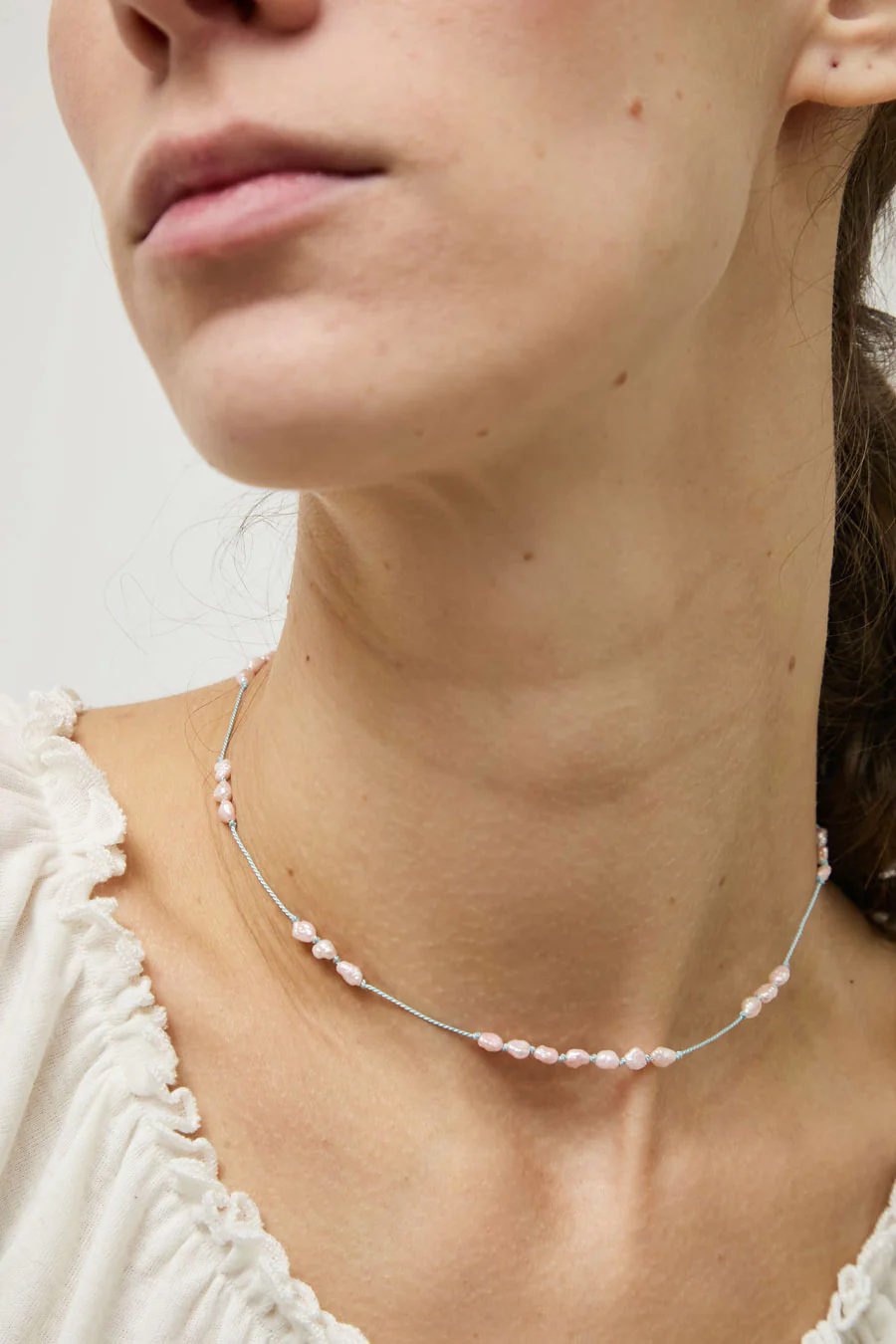 Berni Paper Moon Necklace in Baroque Pink Pearl and Sky Silk - Image 3