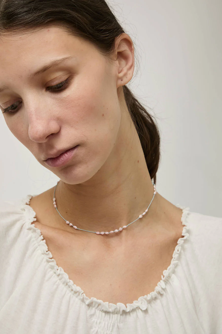 Berni Paper Moon Necklace in Baroque Pink Pearl and Sky Silk - Image 4
