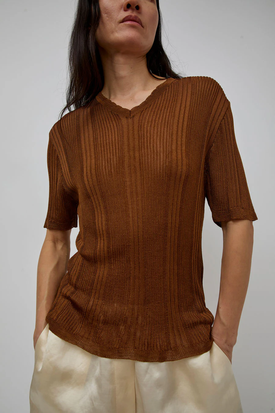CORDERA Ribbed Knit T-Shirt in Tobacco - Image 3