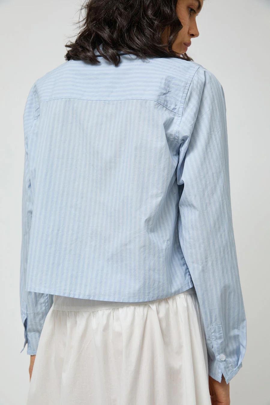 Deiji Studios Waist Button Shirt in Lake Blue Stripe - Image 4