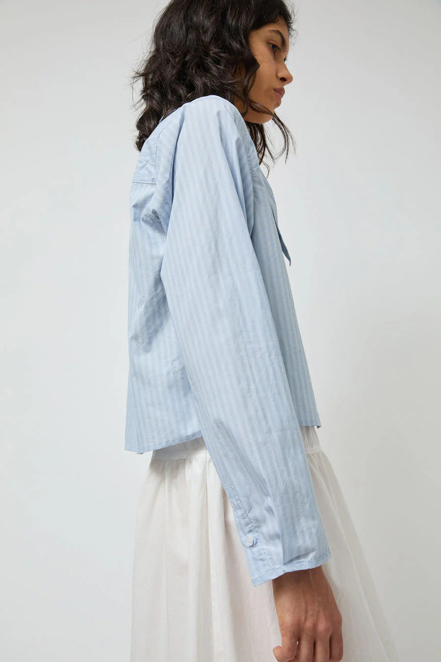 Deiji Studios Waist Button Shirt in Lake Blue Stripe - Image 5