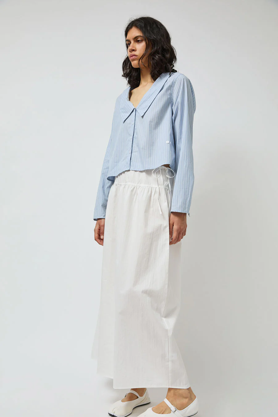 Deiji Studios Waist Button Shirt in Lake Blue Stripe - Image 6
