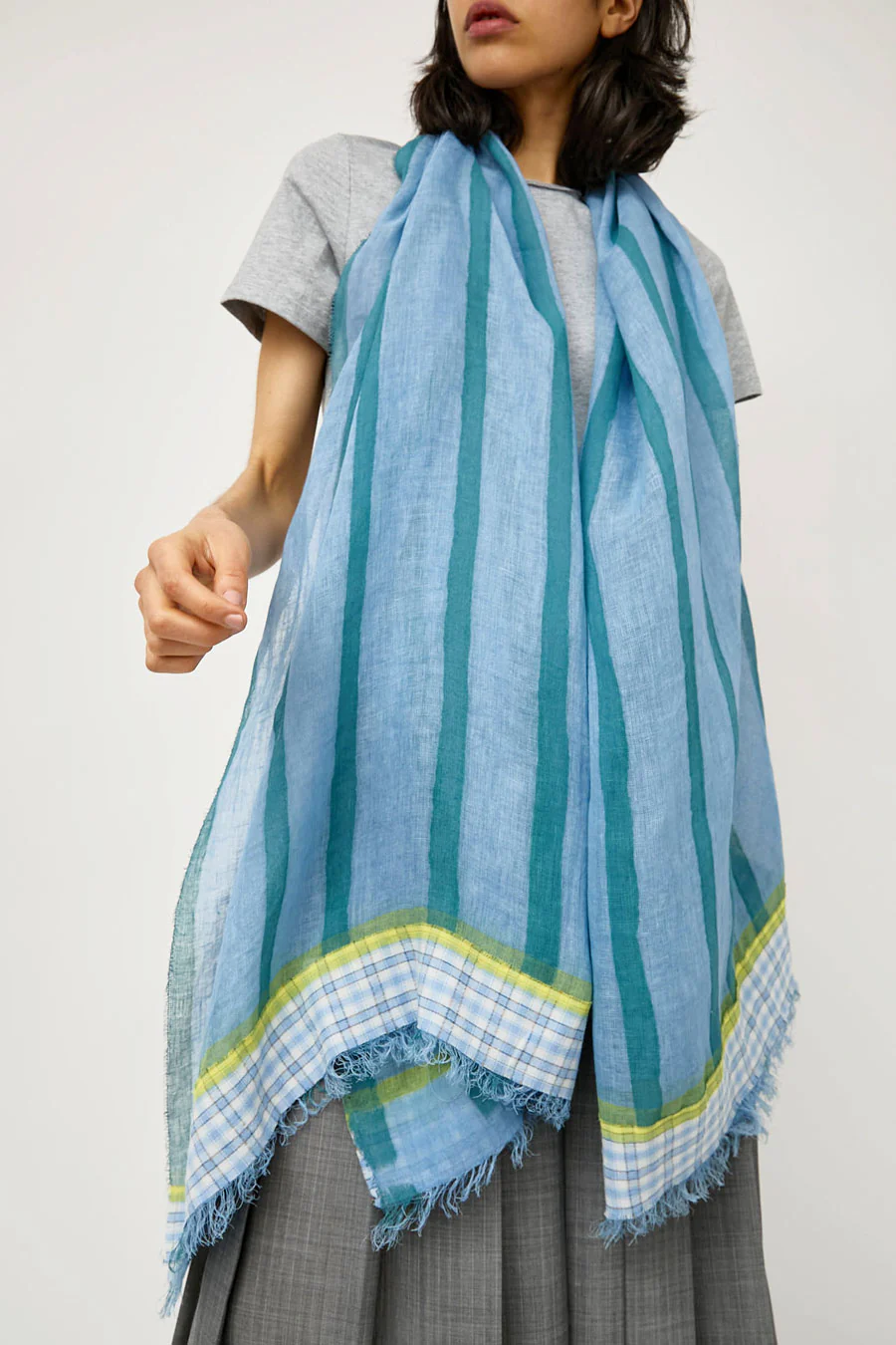 Exquisite J Hand Painted Long Stripes and Plaid Scarf in Blue - Image 3