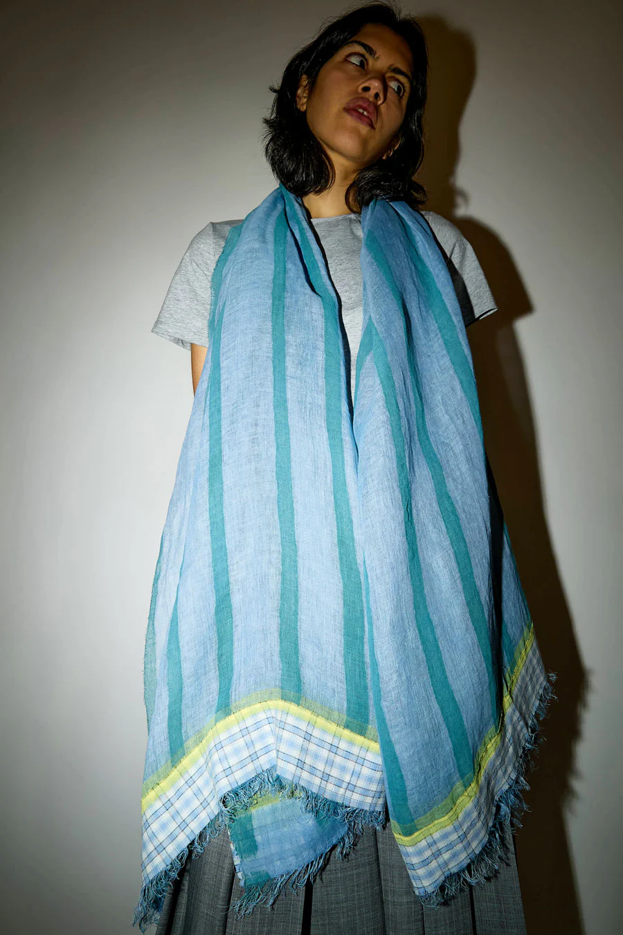 Exquisite J Hand Painted Long Stripes and Plaid Scarf in Blue - Image 4