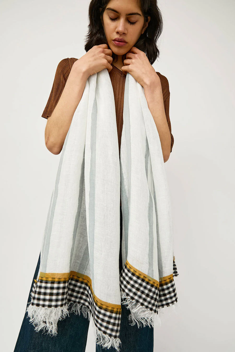 Exquisite J Hand Painted Long Stripes and Plaid Scarf in White - Image 3