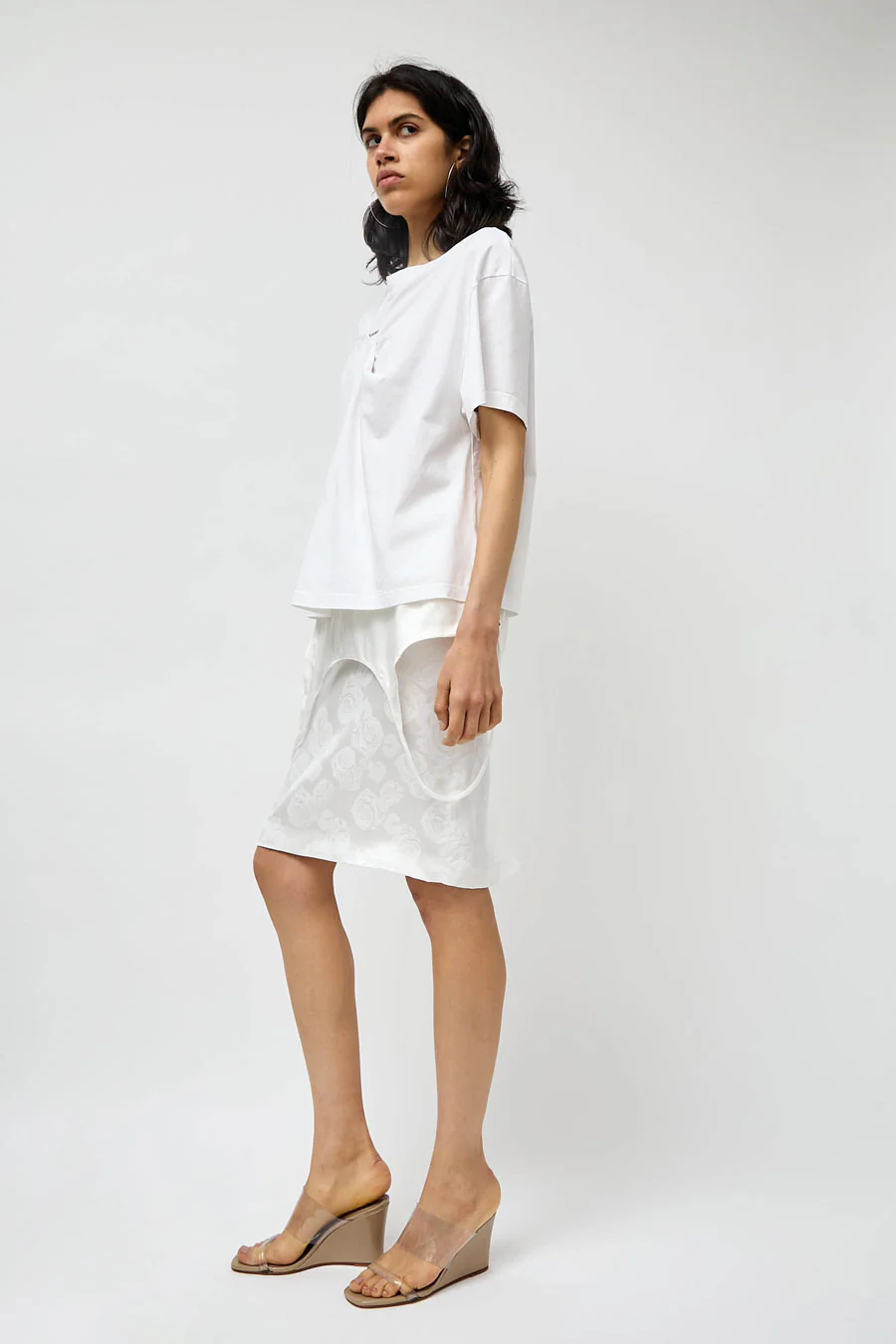 Façon Jacmin Jackie Trompe-l'oeil Dress Skirt in White Flower Rose Jacquard - Image 6