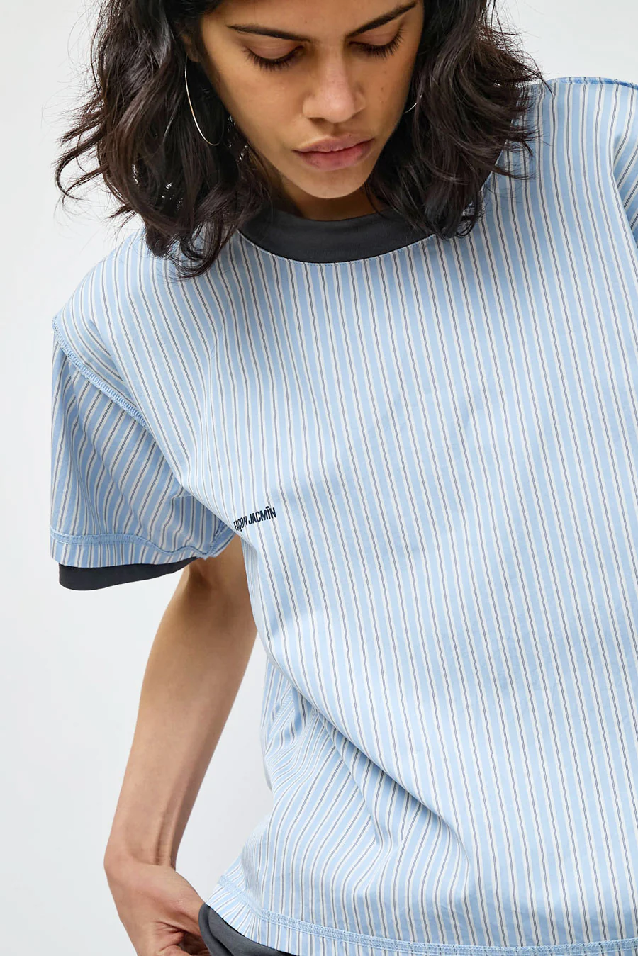 Façon Jacmin Thoai Mirror Double T Shirt in Blue Stripes and Mid Grey - Image 3