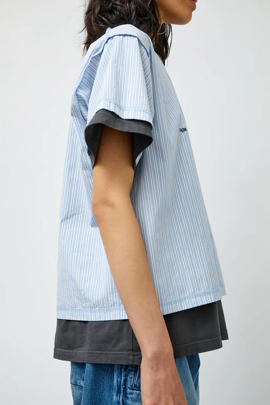 Façon Jacmin Thoai Mirror Double T Shirt in Blue Stripes and Mid Grey - Image 4
