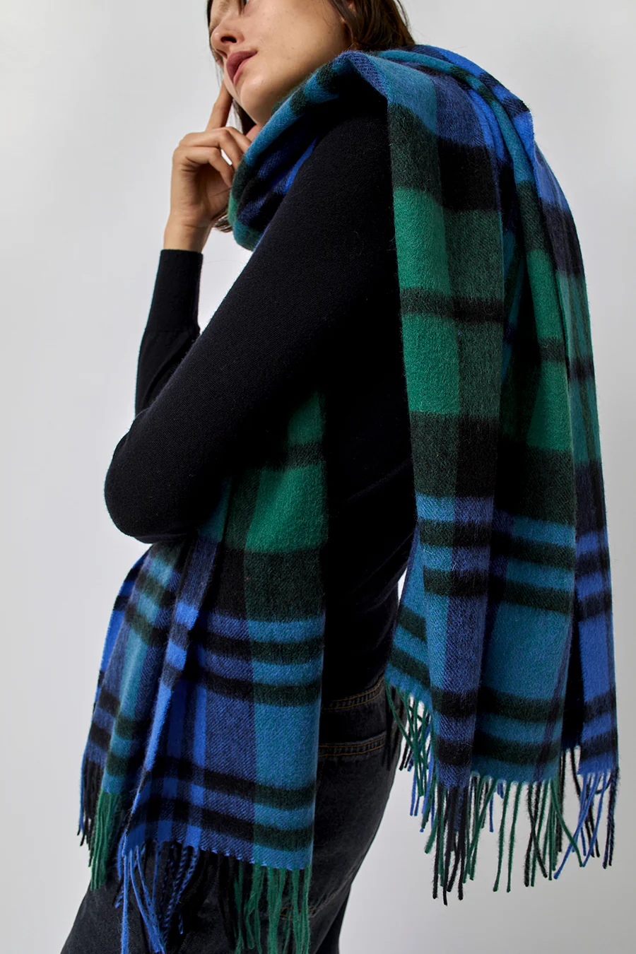 Glen Prince Long Wool Scarf in Blue Green Plaid - Image 3
