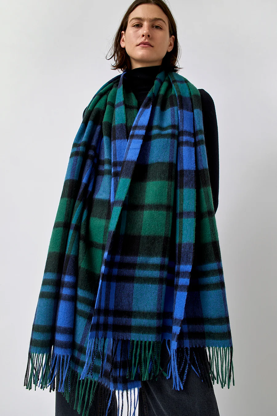 Glen Prince Long Wool Scarf in Blue Green Plaid - Image 4
