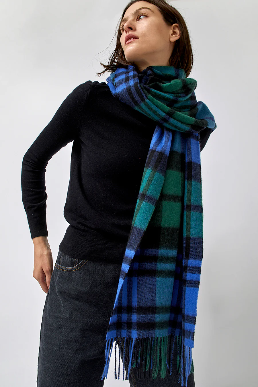 Glen Prince Long Wool Scarf in Blue Green Plaid - Image 5