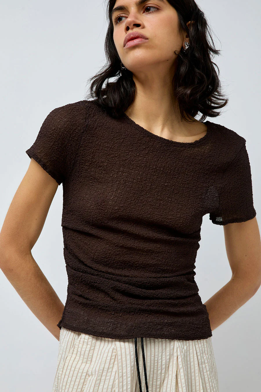KkCo Gauze Ruched Tee in Brown - Image 3