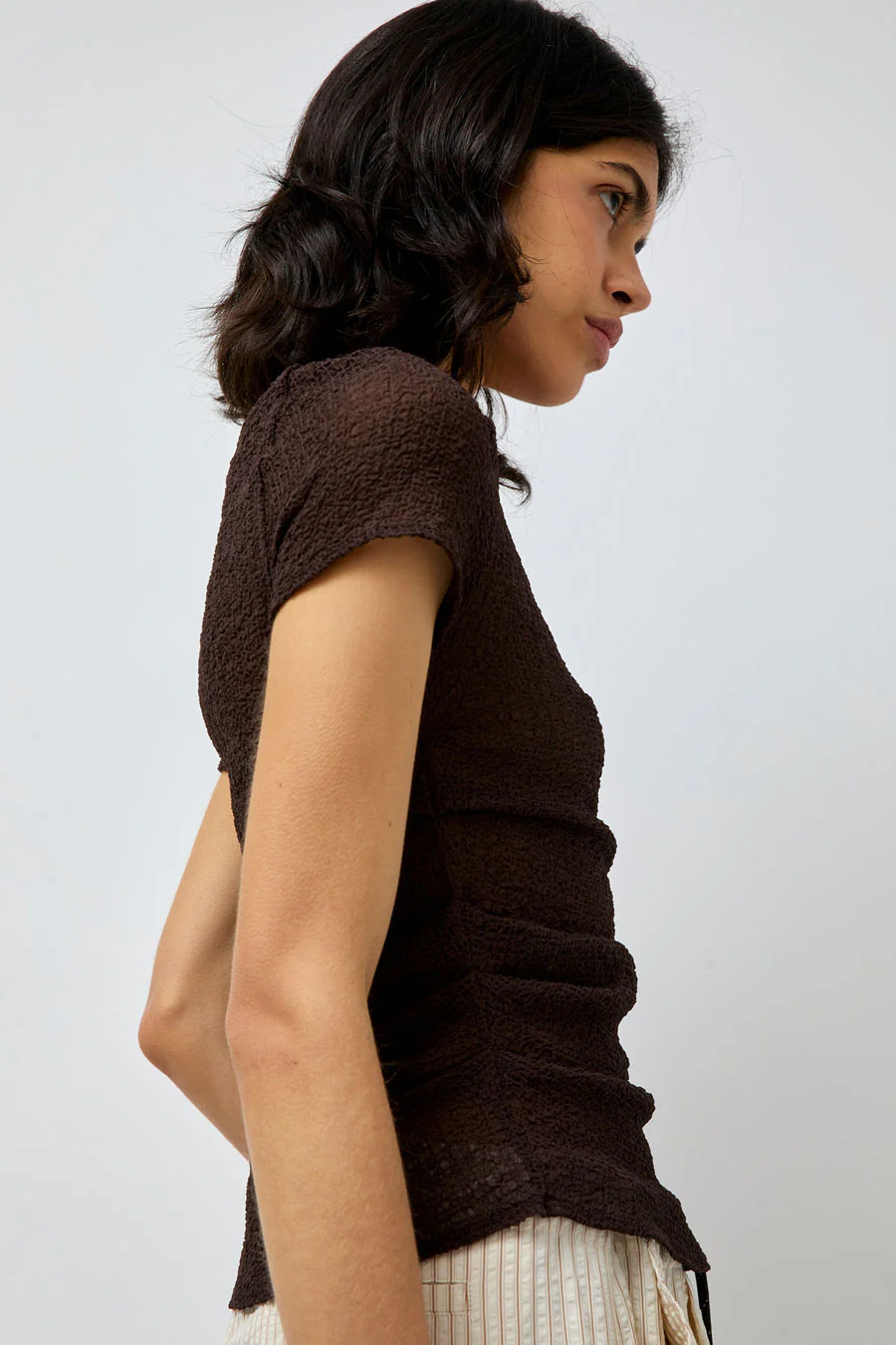 KkCo Gauze Ruched Tee in Brown - Image 4