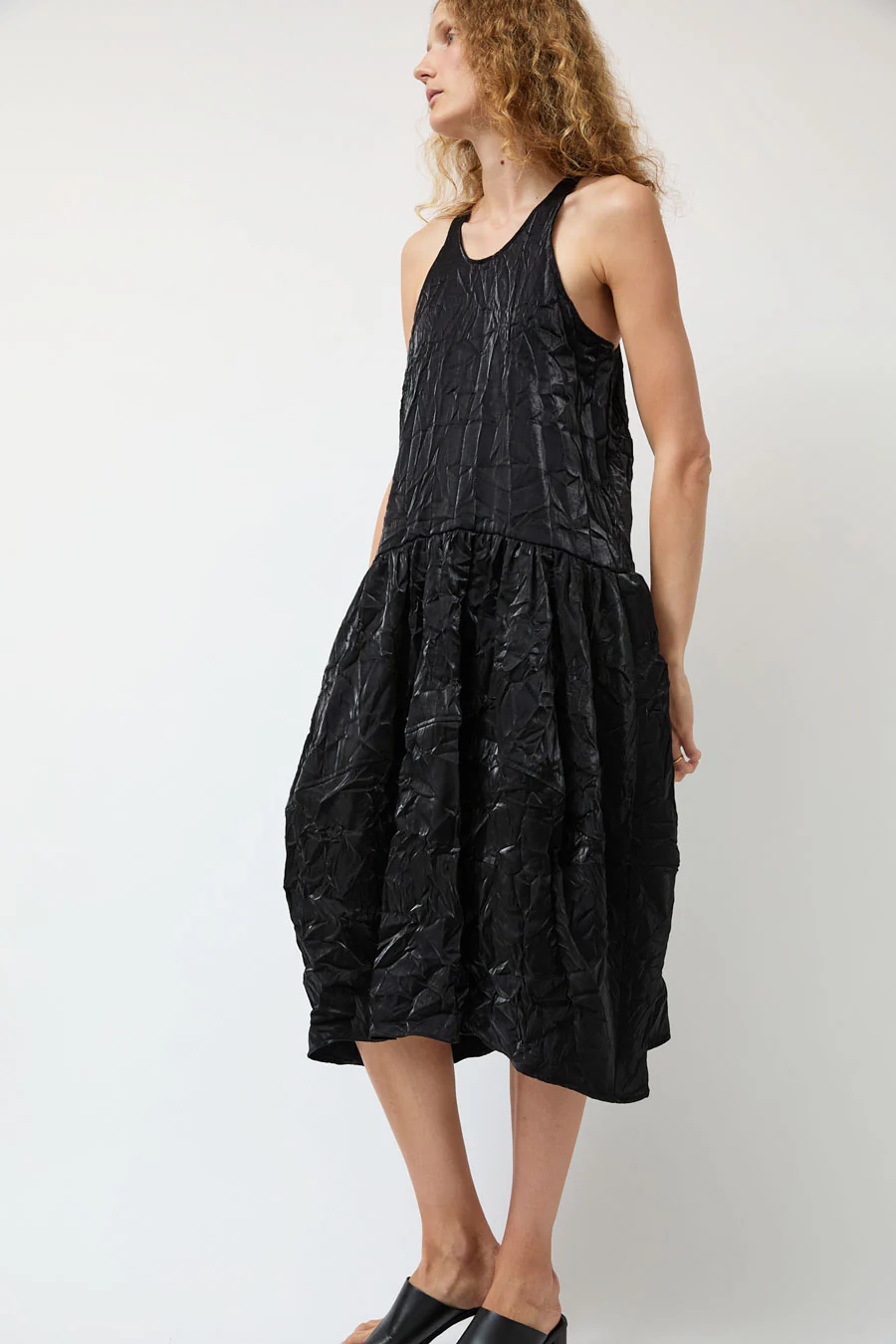 Modern Weaving Voluminous Tank Dress in Black Crinkle Habotai - Image 3