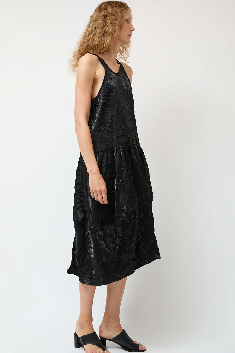 Modern Weaving Voluminous Tank Dress in Black Crinkle Habotai - Image 6