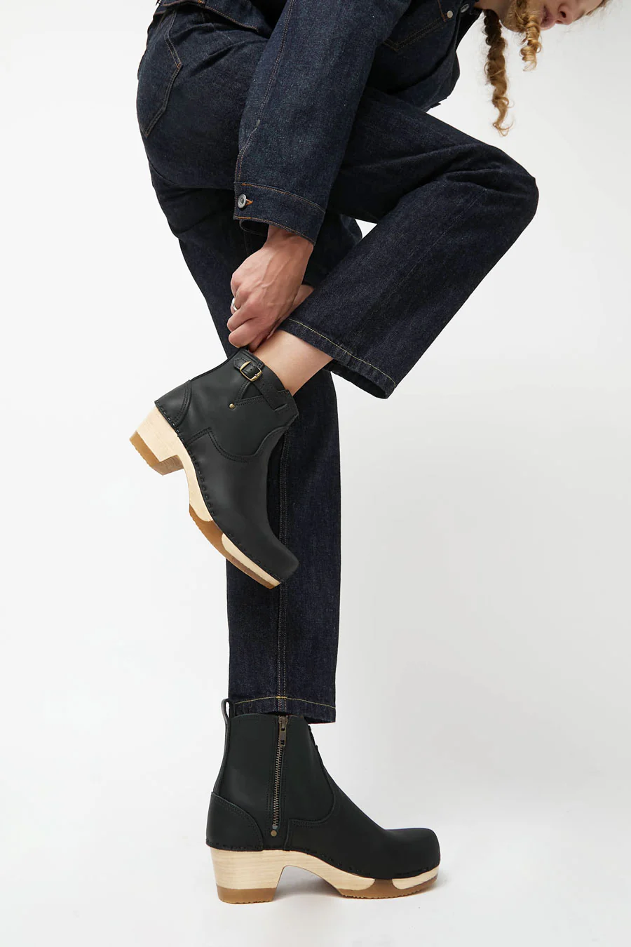 No.6 5" Leather Clog Buckle Boot on Mid Heel Bendable Base in Black - Image 4
