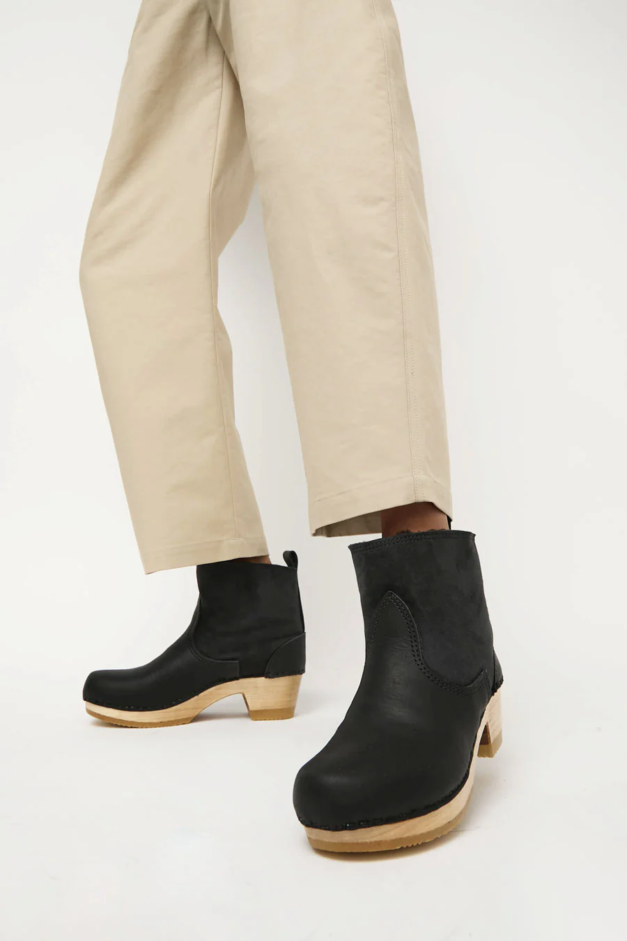 No.6 5" Pull on Shearling Clog Boot on Mid Heel in Black Suede - Image 4