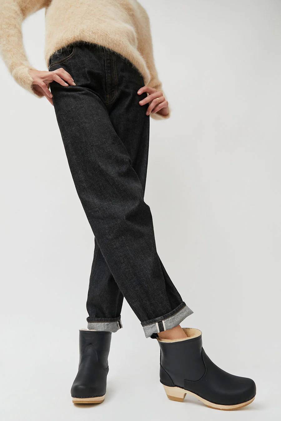 No.6 5" Pull On Shearling Clog Boot on Mid Heel in Ink Aviator - Image 4