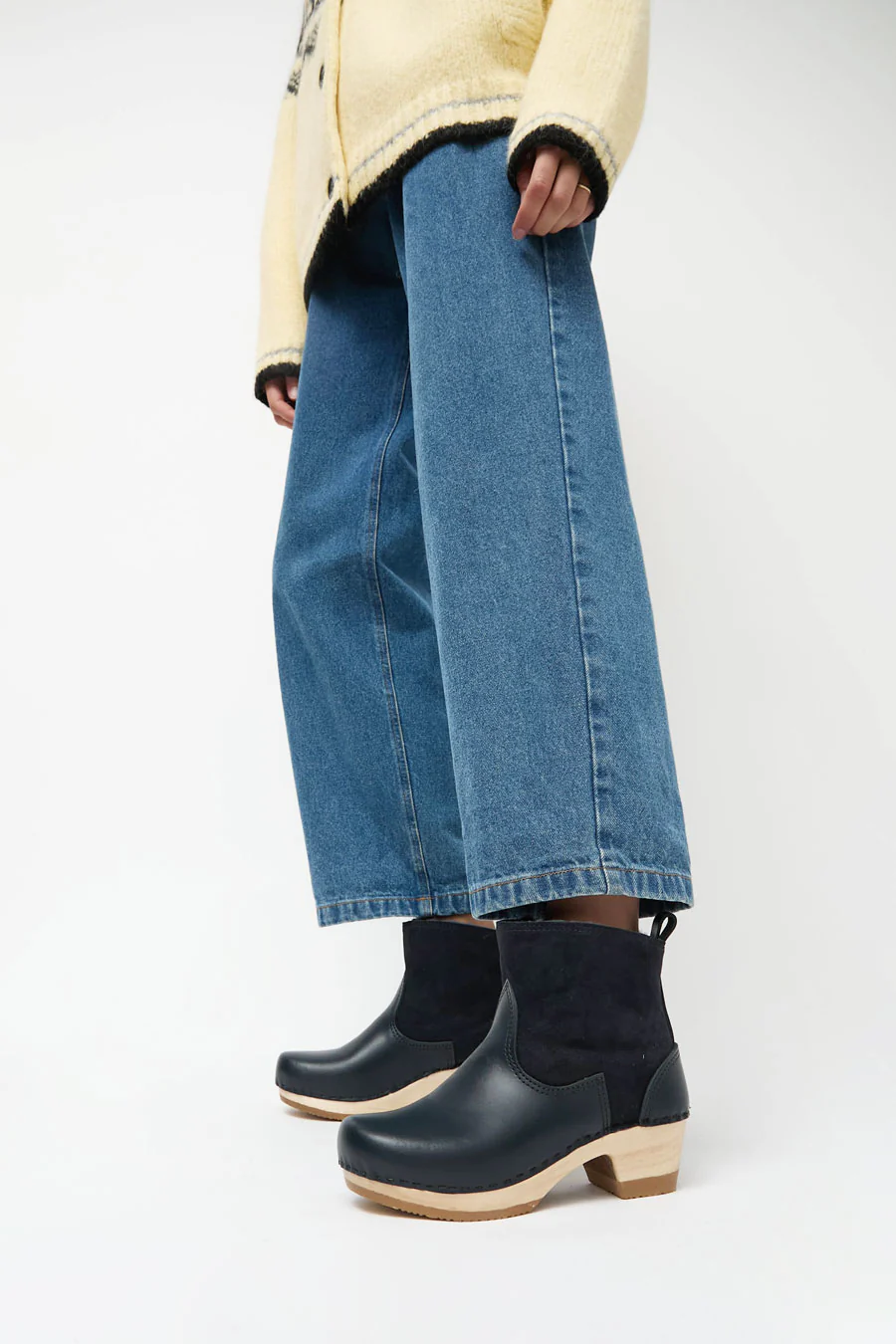 No.6 5" Pull on Shearling Clog Boot on Mid Heel in Navy and Night - Image 2