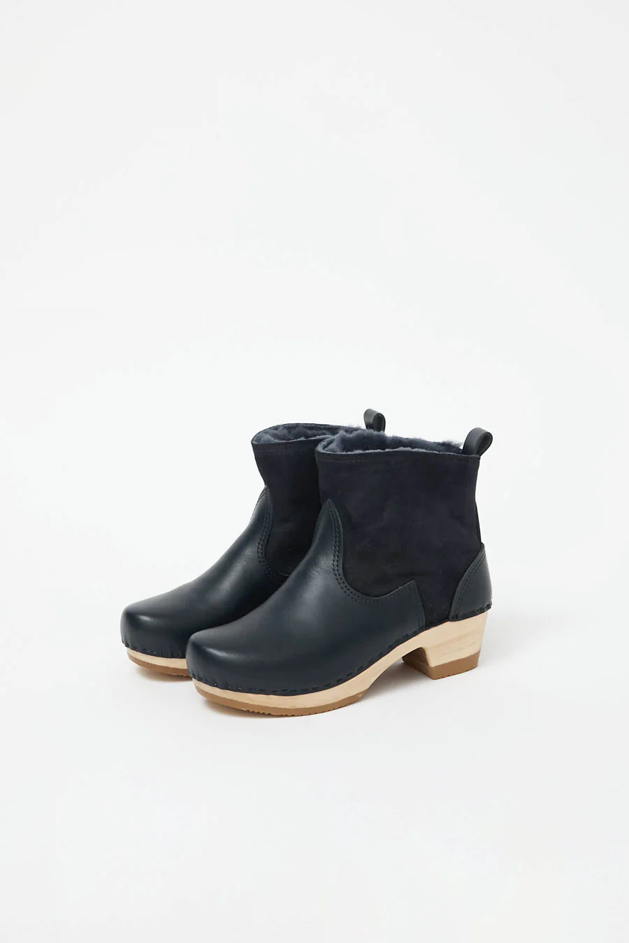 No.6 5" Pull on Shearling Clog Boot on Mid Heel in Navy and Night - Image 3