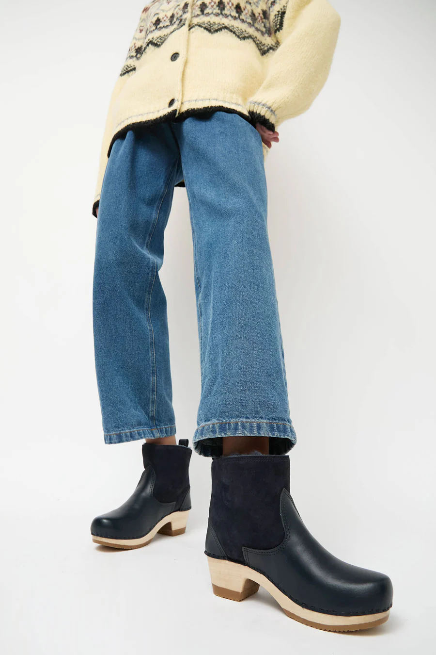 No.6 5" Pull on Shearling Clog Boot on Mid Heel in Navy and Night - Image 4
