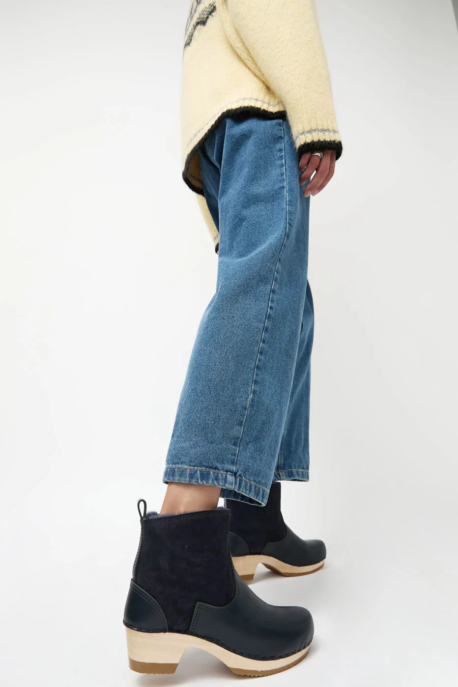 No.6 5" Pull on Shearling Clog Boot on Mid Heel in Navy and Night - Image 5