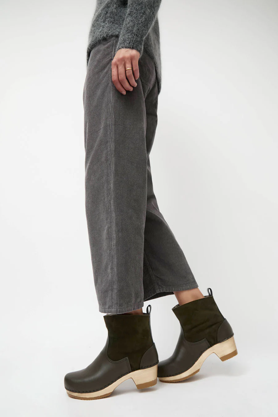 No.6 5" Pull on Shearling Clog Boot on Mid Heel in Olive