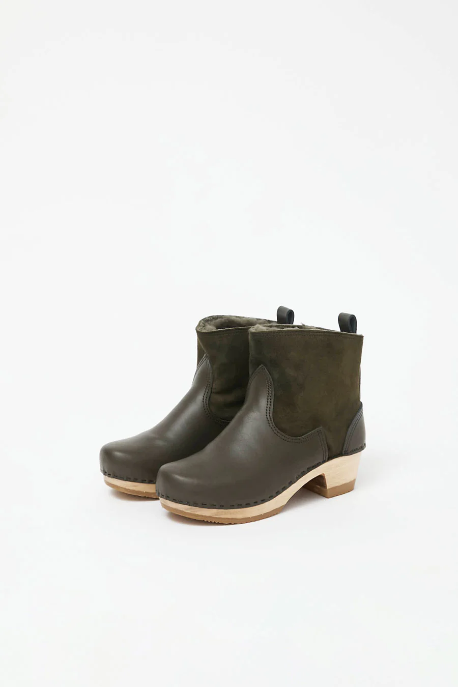 No.6 5" Pull on Shearling Clog Boot on Mid Heel in Olive - Image 3