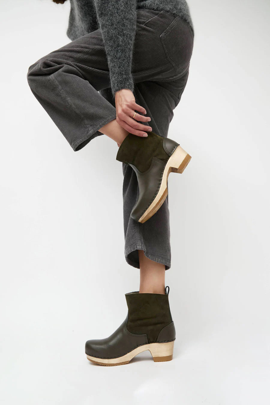 No.6 5" Pull on Shearling Clog Boot on Mid Heel in Olive - Image 4