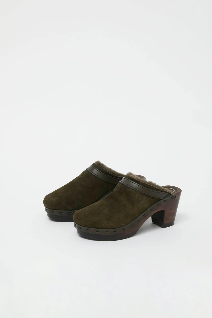 No.6 Dakota Shearling Clog on High Heel in Olive on Cocoa Base - Image 3