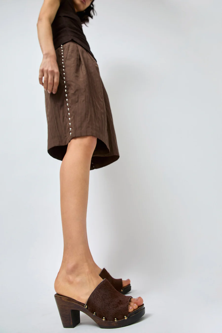 No.6 Leah Studded Clog on High Heel in Carob Pony on Cocoa Base - Image 3