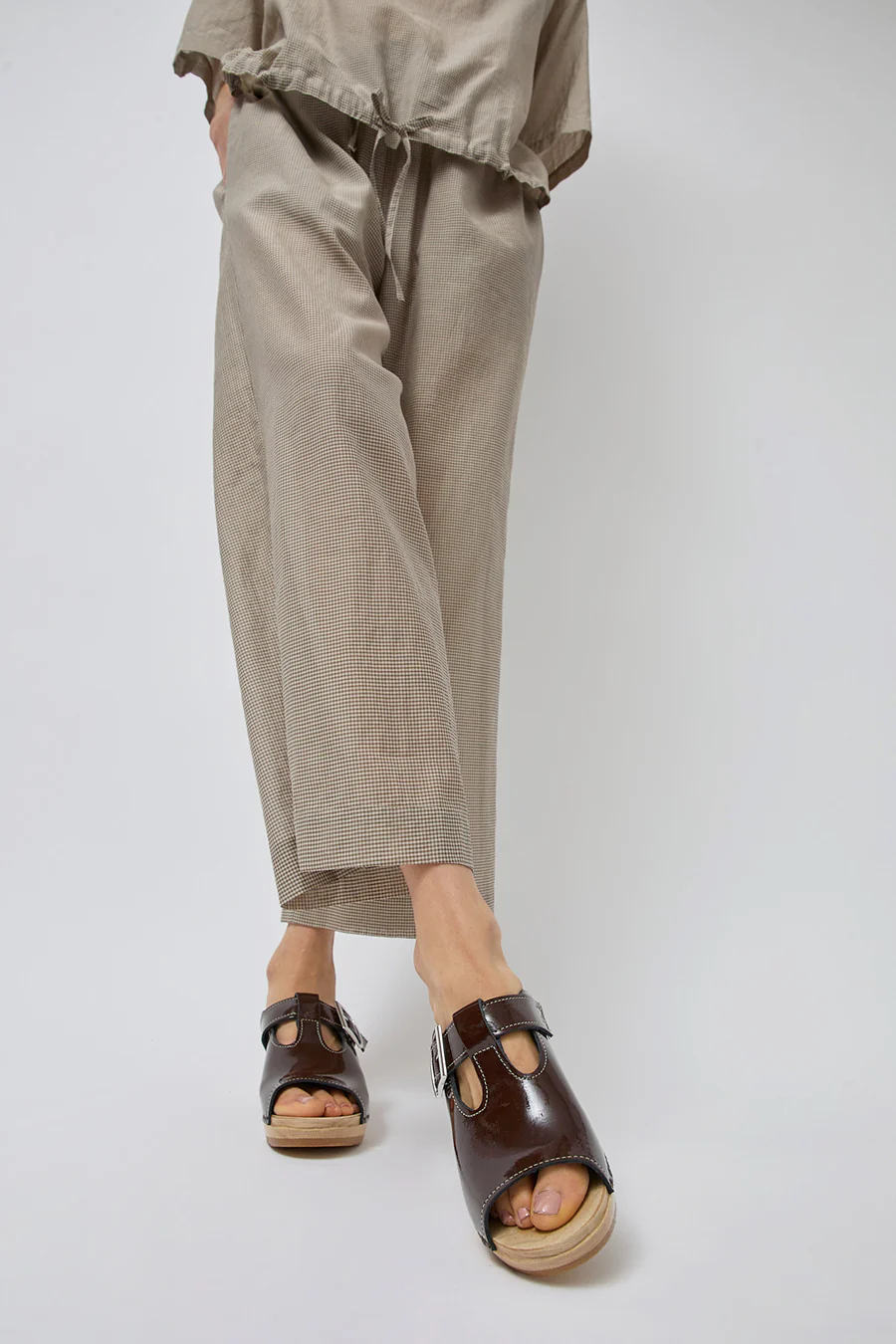 No.6 T Strap Clog on Mid Heel in Chocolate Patent - Image 2