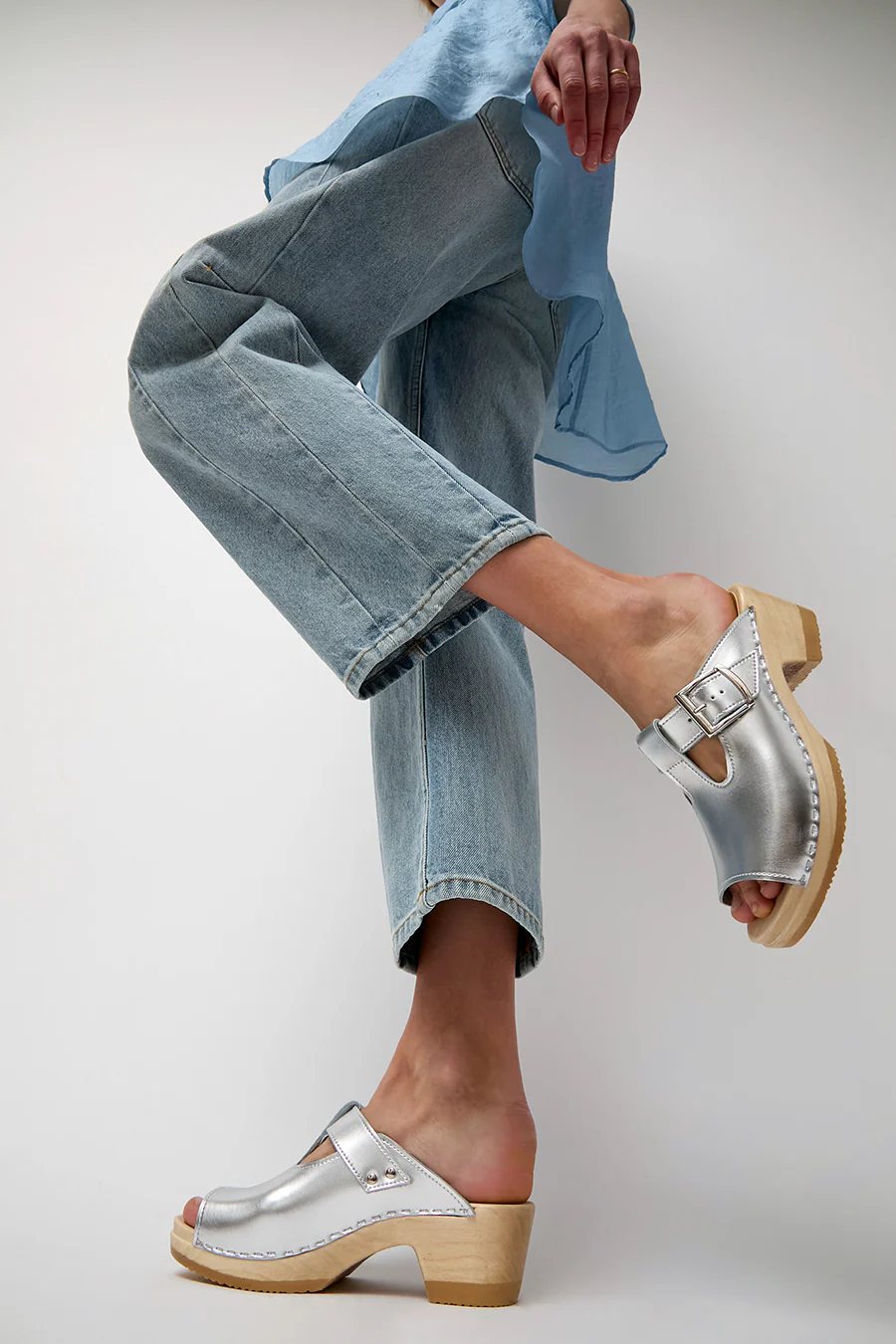 No.6 T Strap Clog on Mid Heel in Silver - Image 4
