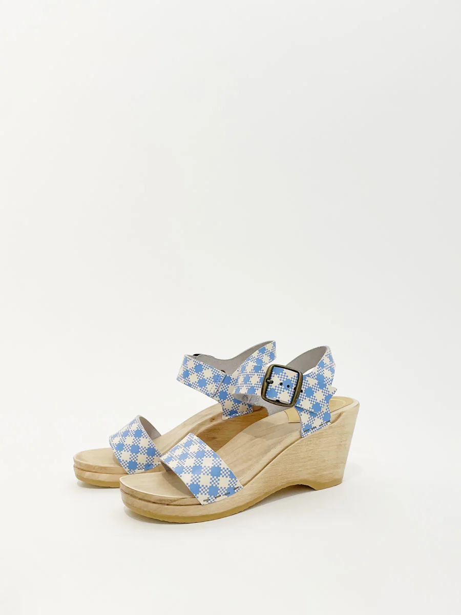 No.6 Two Strap Clog on Wedge in Blue Gingham